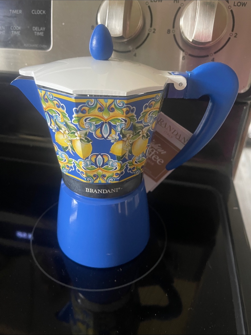 Italian Blue Decorative Stovetop Espresso Maker with Lemon Pattern